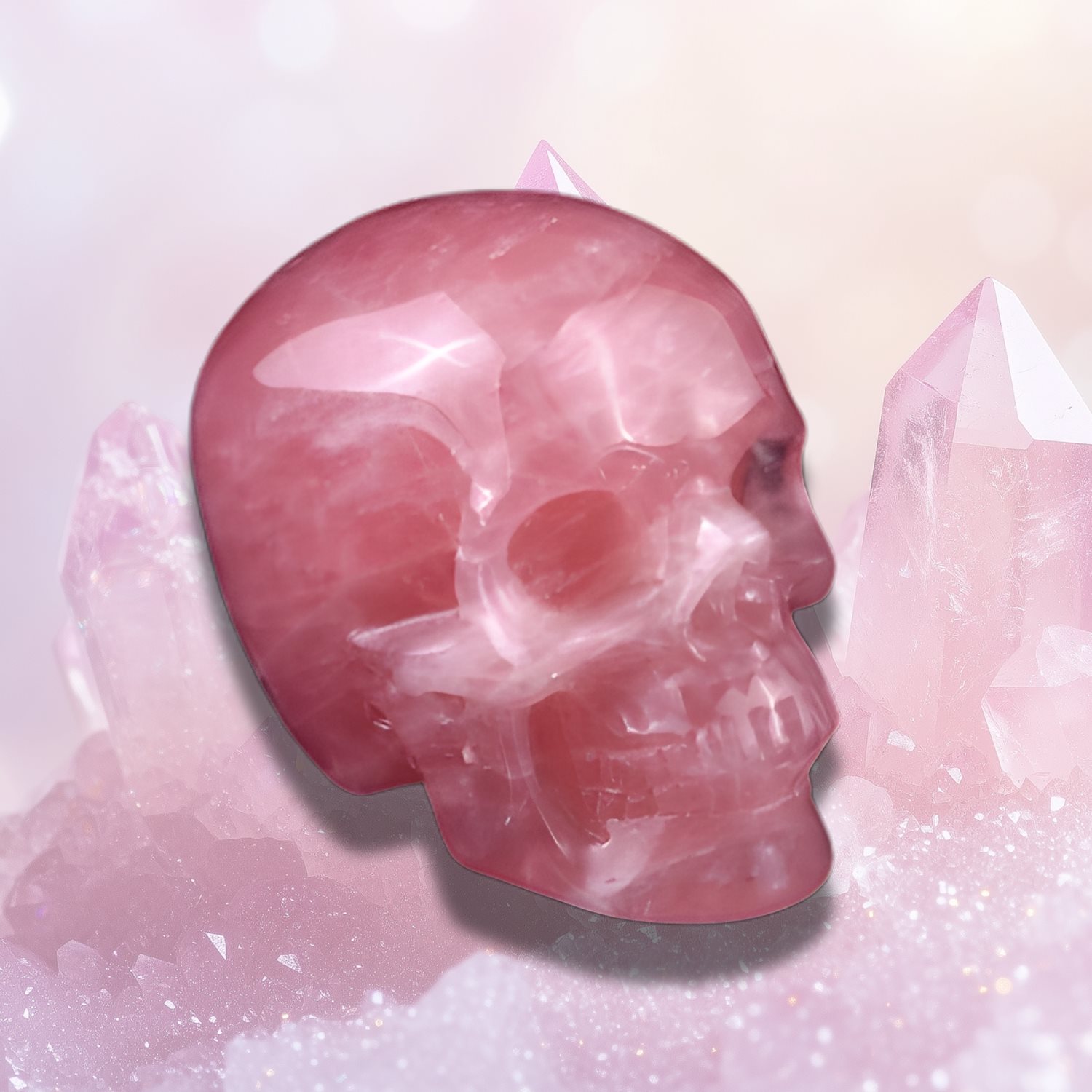 pink quartz crystal skull top down view heart chakra tool